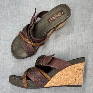 Skechers‎ Modiste Electric Bond Wedge Sandals Brown Leather Cork Heels Size 8